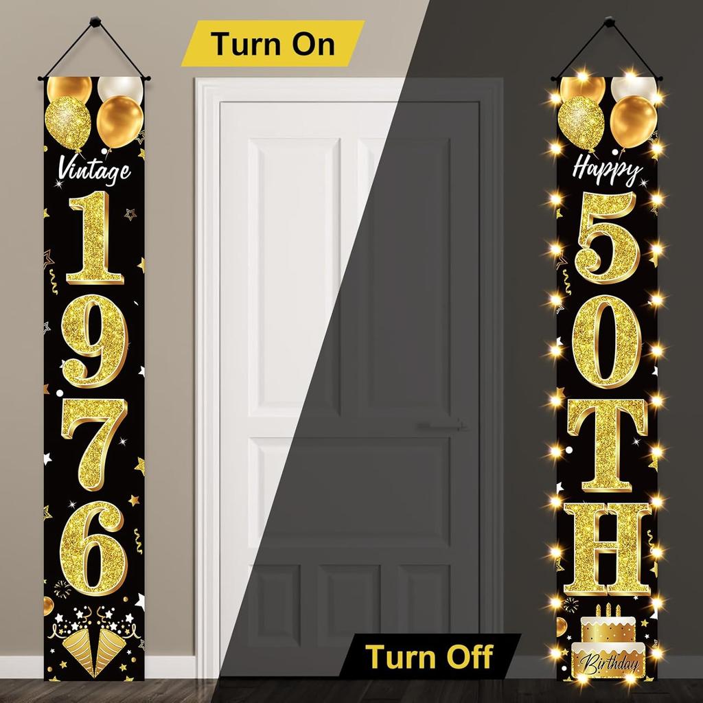 50th Birthday Party Banner Lighted Decorations for Men and Women - Black Gold Vintage 1976 50th Birthday Door Banners with LED Light, Fifty Years