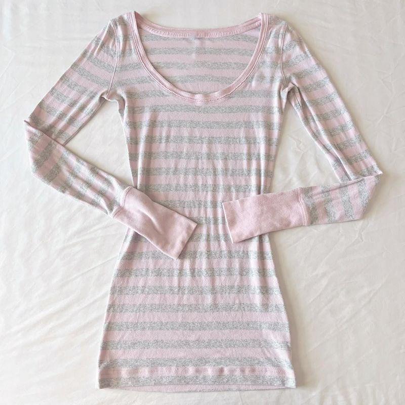 2025 Summer Pink Striped V-Neck Slimming Long Sleeve Top Large
