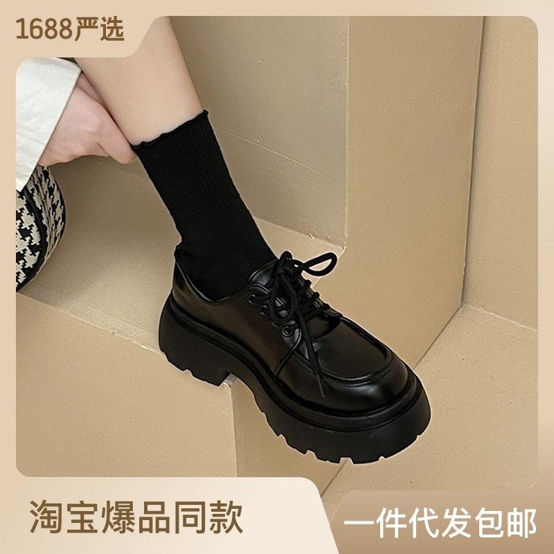 2025 Spring New British Style Black Small Leather Shoes Women's Retro Autumn Loafers Muffin Platform Casual Shoes
