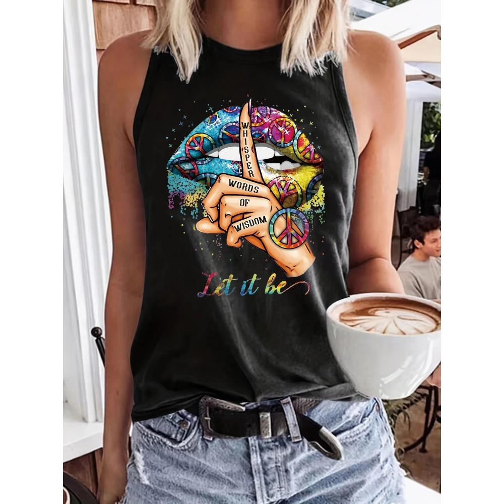Summer Women's Colorful Lipprint Fingerprint Loose Size Round Neck Sleeveless Tank Top T-shirt