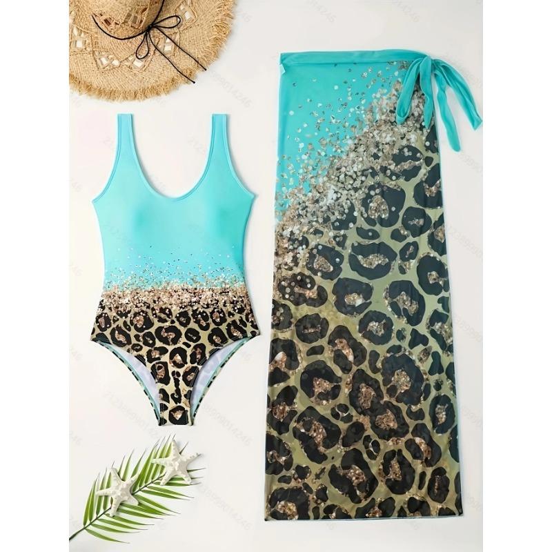 

Women s Turquoise & Leopard Print 2 Piece Swimwear Set High Cut One Piece Swimsuit with Cover Up Skirt S