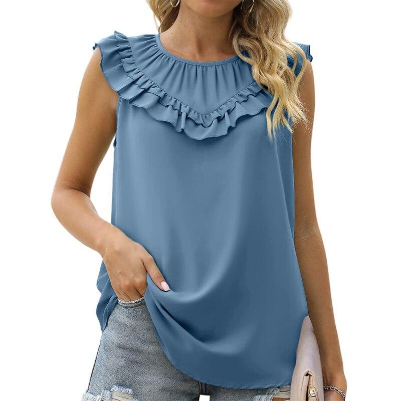 Summer Ruffles Loose Sleeveless White Shirts Women Elegant Casual Chiffon Blouse Women Solid O Neck Tops Shirt Blusas  25556