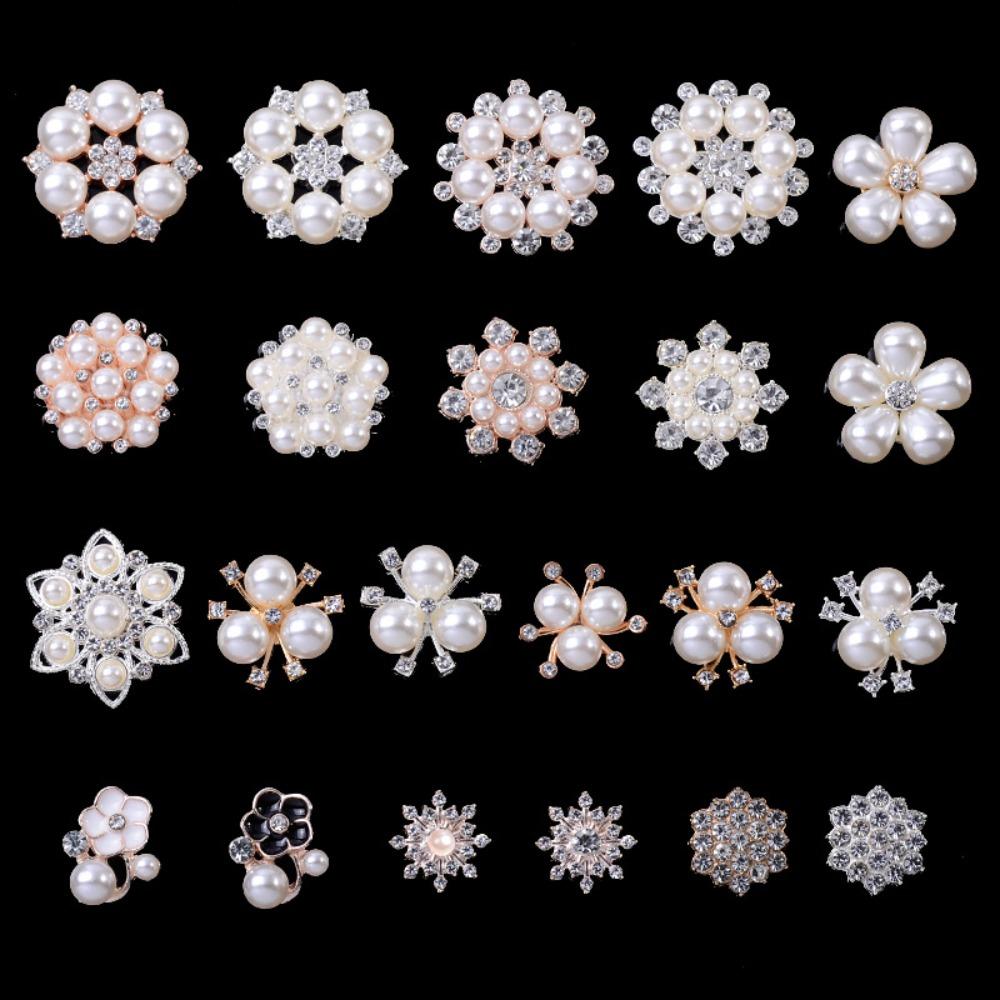30 PCS Flower Pearl Rhinestone Buttons 6 Styles Flower Button Sparkly Buttons  Home Decoration