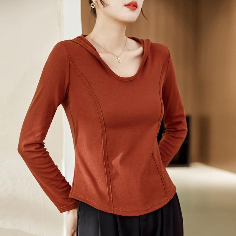 Autumn Women's Round Neck Hooded Round Hem High Stretch Long Sleeve T-Shirt