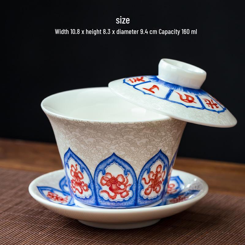 Blue & White Porcelain Covered Kung Fu Tea Bowl - Large Ceramic Sancai Household Set