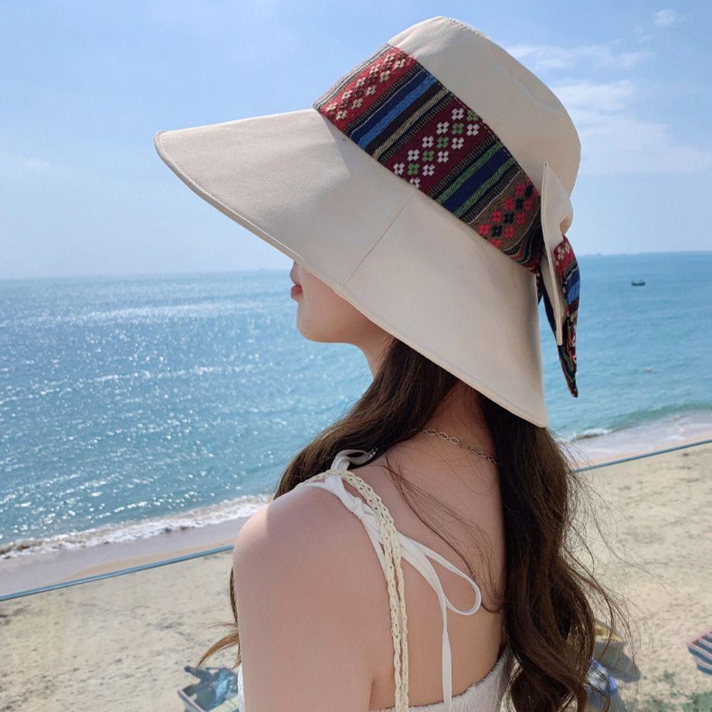 Anti-UV Women's Sun Hat Solid Color Wide Brim Bucket Cap Retro Bowknot Fishmen Hat  Spring