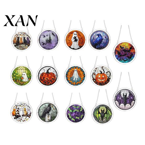 Window Hanging Decoration Halloween Scary Bat Pumpkin Acrylic Jigsaw Puzzle Suncatcher, Stained Glass Style Stainless Steel Chain Hanger Decor