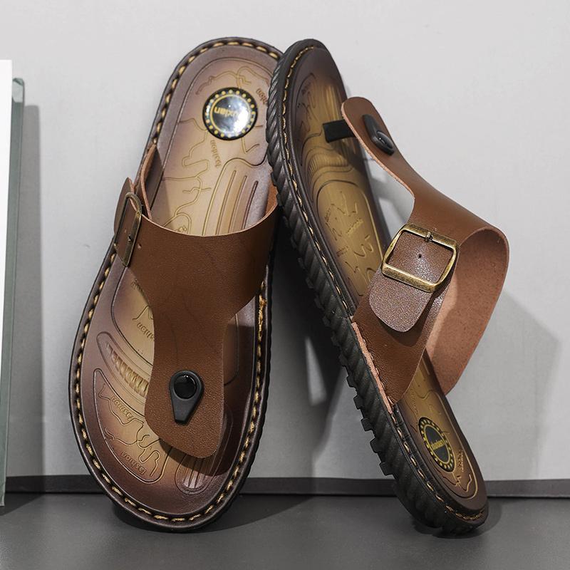 Übergröße Mode Weiches Leder Herren Flip-Flops Outdoor Wasserdichte Strandsandalen Sommer Herren Hausschuhe