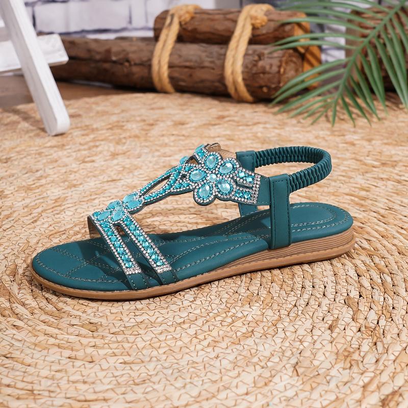 Fashion 2025 New Summer Women's Rhinestone Design Flat Sandals Bohemian Style Comfortable Lightweight hollow Breathable Elegant Shoes