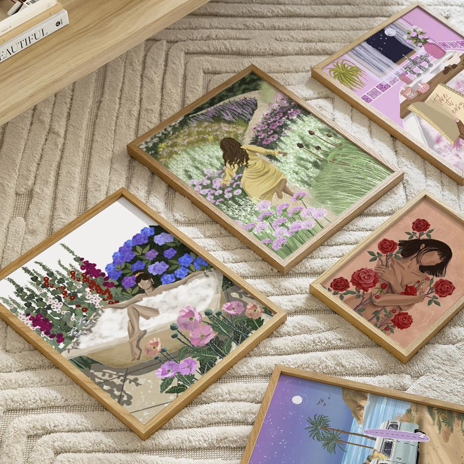 Buntes Mädchen Blume Buch Meer Strand Auto Wandkunst Leinwandmalerei Poster und Drucke Hotel Bar Bild für Wohnzimmer Dekoration