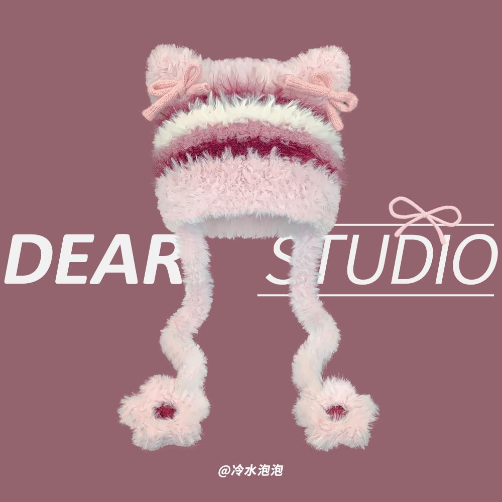 

2025 new Korean cute bow plush hat women s autumn and winter plush warm Yabifeng ear protection Lei Feng hat M（56-58cm） рожевий