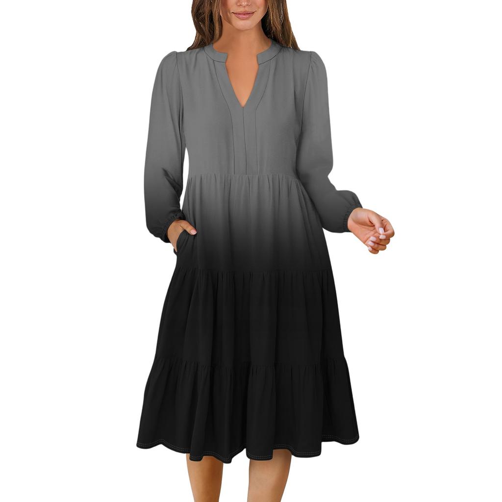 Women's V-Neck Flowing Layered Bohemian Long Sleeve Gradient Print Dress