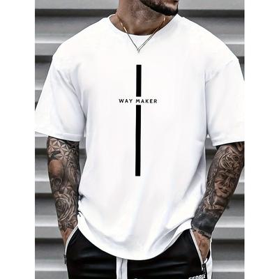 Men's Way Maker Print Short Sleeve T-Shirts, Comfy Casual Elastic Crew Neck Tops For Men's Outdoor Activities