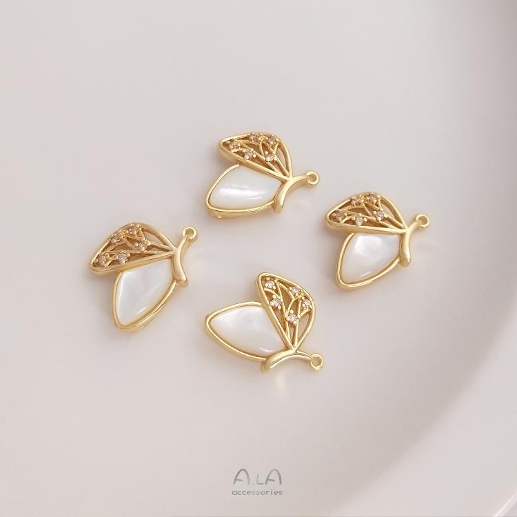 14K Gold-Filled Seashell Inlaid Butterfly Pendant Connectors for DIY Necklace Accessories