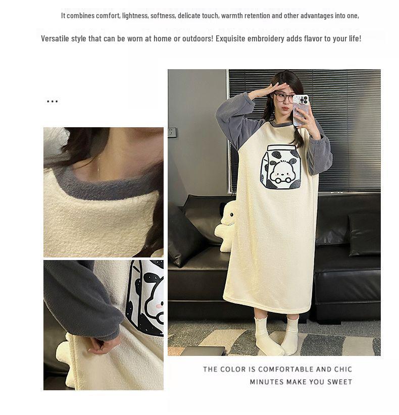Women's Cartoon Flannel Nightgown – Cute, Cozy, Long Sleeve, Mid-Length Dress for Fall/Winter, Suitable for Home or Outdoors