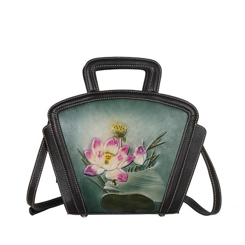 Johnature Vintage preget første lag kuskinn dameveske Luksus håndveske Håndmalte Lotus Skuldervesker for kvinner