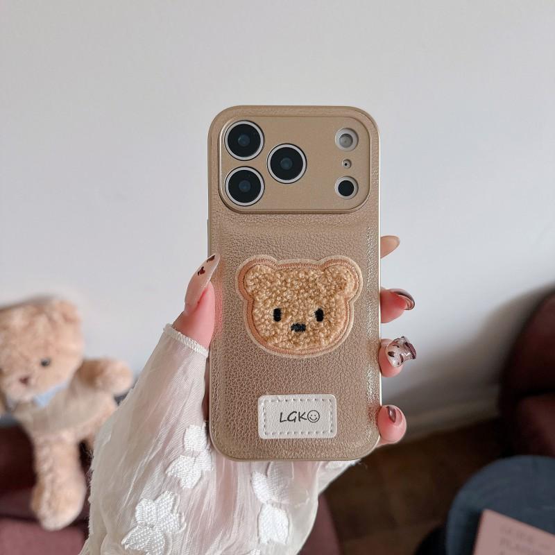 New Plain Leather Plush Teddy Bear Suitable IPhone 17 Promax Phone Case Apple 16 Anti Drop Protective