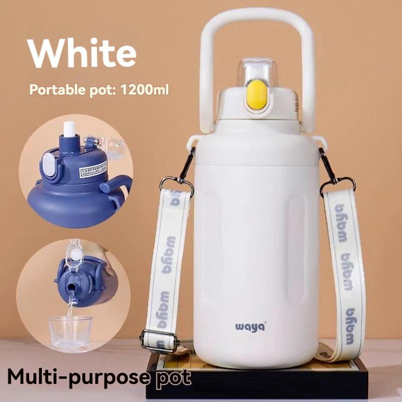 

1200 мл термобутылка большой емкости соломенная кастрюля вакуумная нержавеющая сталь термокружка бутылка для воды тонна тонна ведро для студентов 1.2L белый