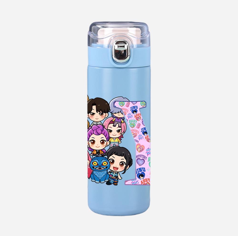 Anime K-Pop 26 English Letter Demon Hunters Printed 400Ml Water Bottle Thermos Cup Portable Stainless Steel Leak Proof Camping Water Cup Kid Gift