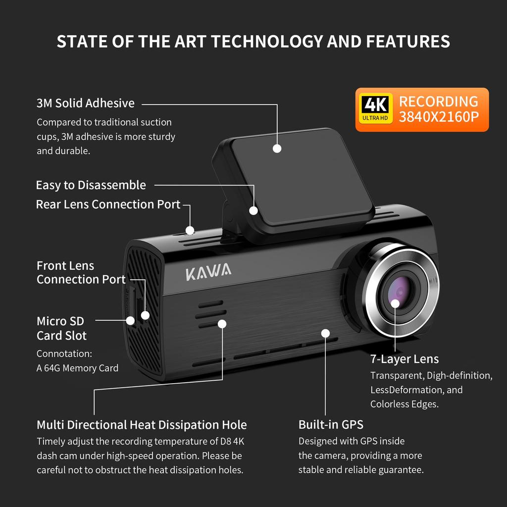 KAWA Dash 4K Smartphone Daytime Picture Voice Easy Smartphone Parking Motion Continuous Emergency Impact LED Traffic Light iOS and Android Japanese