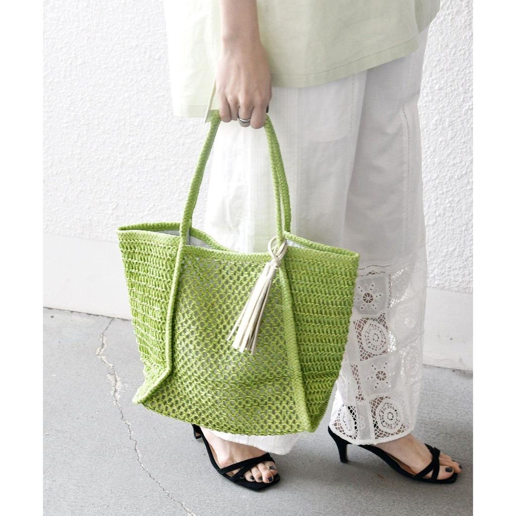 SHIPS any Tassel Openwork Knit Paper Tote Bag Green Brown Purple