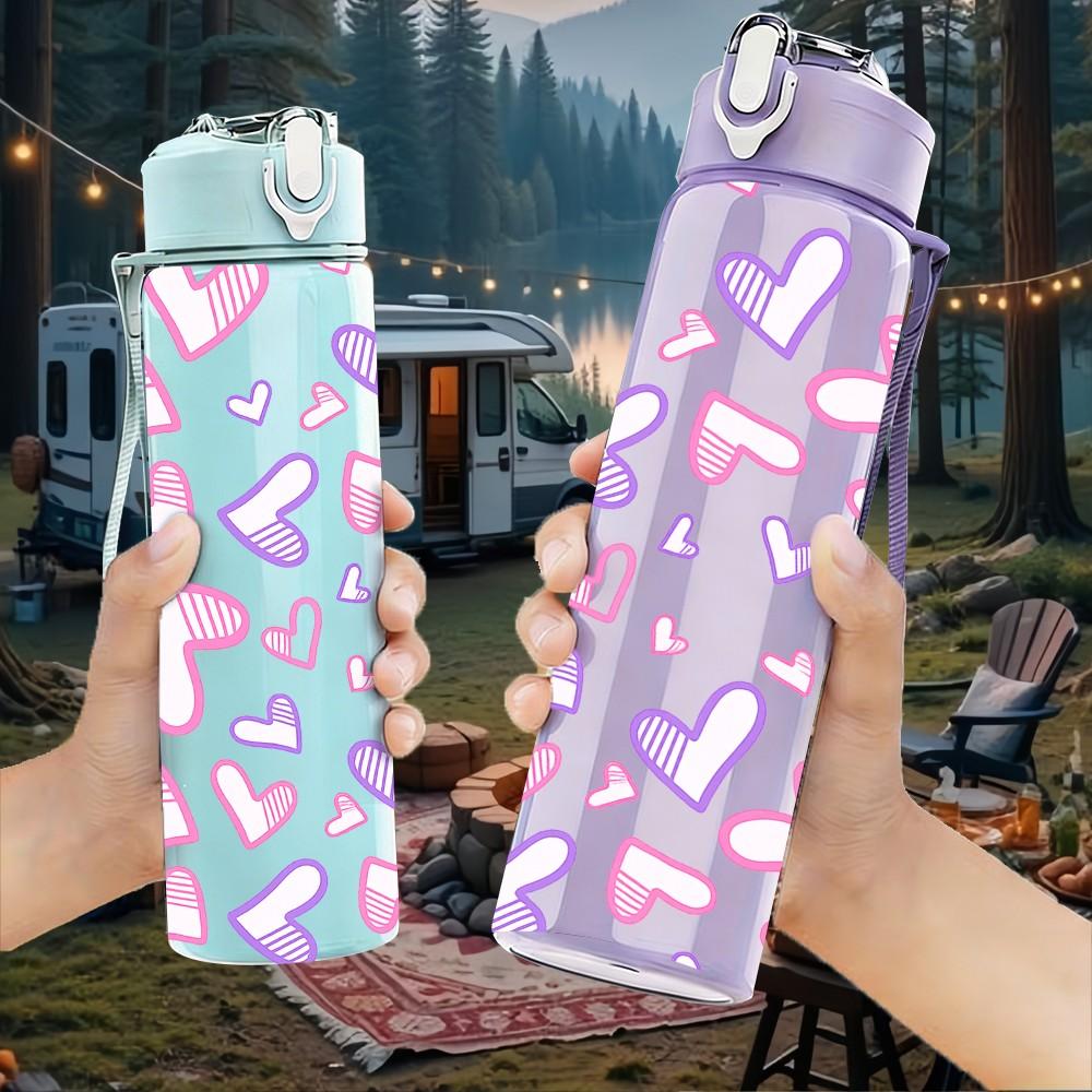 1PC Pink Purple Heart Seamless Print 750ml Color Plastic Sports Water Bottle Leakproof Flip Straw Lid Suitable for Sports Office Home Use