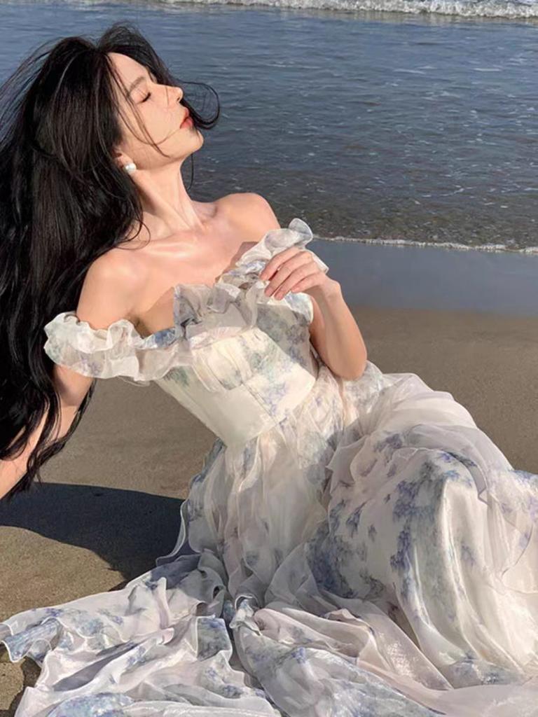 Seaside Vacation Style Suspender Skirt Yarn French Ruffle Edge Beach Dress Atmosphere Long Dress Elegant Fairy Fan