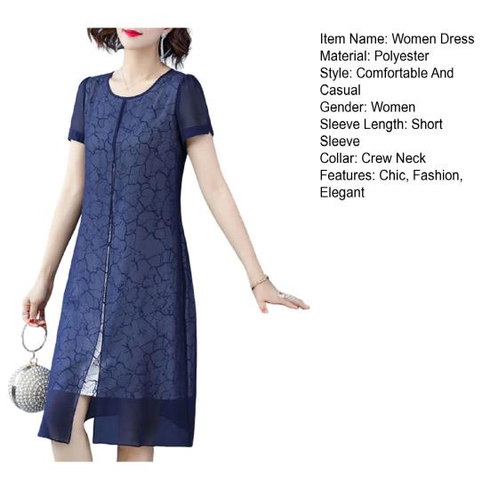 Women Mesh Fake Two Piece Dress Casual Short Sleeve Crewneck Midi Dress Formal Mother of The Bride Dress