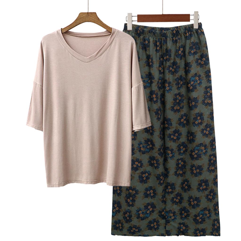 Pajamas Women's Spring and Summer New V-neck Short-sleeved Cotton and Linen Pants European and American Large-size Loungewear Two-piece Set