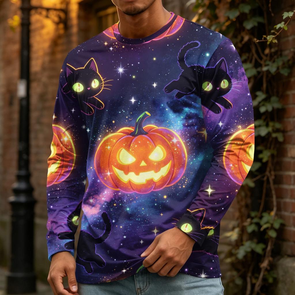 Men's Halloween Print Long Sleeve Neck T-Shirt Loose Fit Casual Top