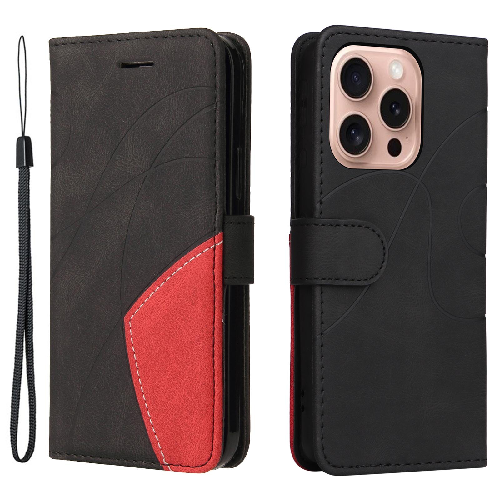 

For iPhone 16 Pro Leather Case Wallet Stand Color Splicing Phone Cover Black