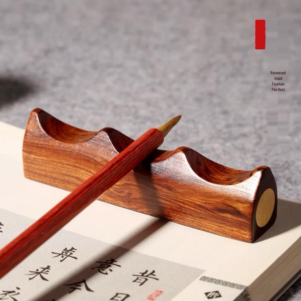 Ebony Inlaid Copper Brush Holder: Solid Wood Pen Rest for Calligraphy Supplies