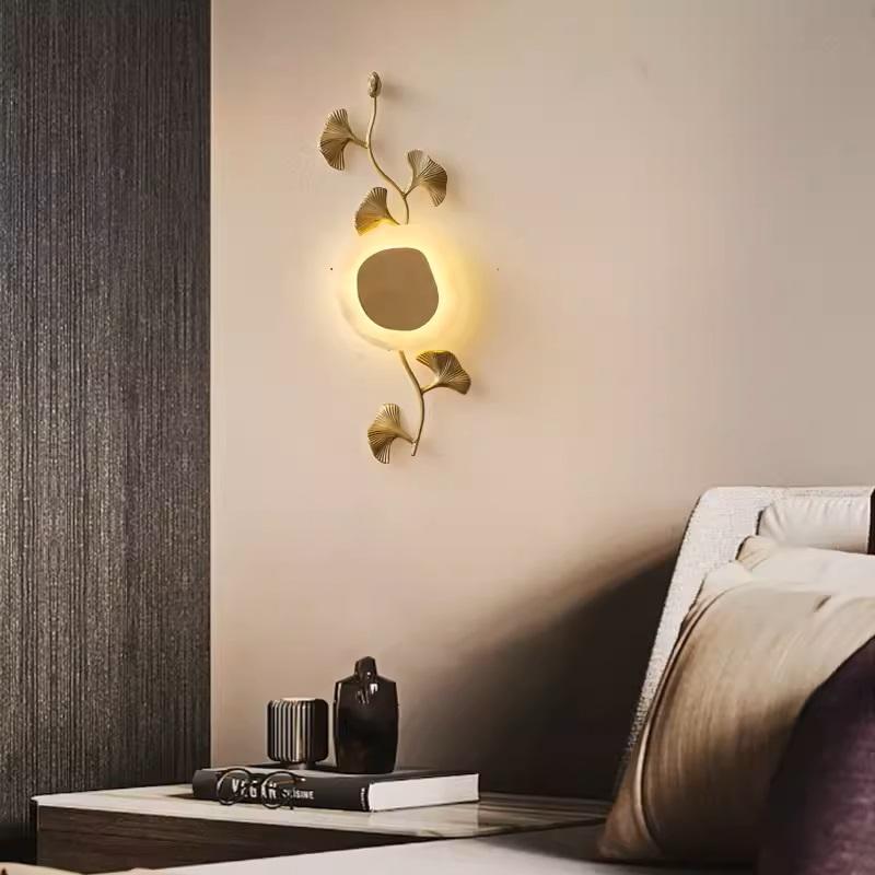 Modern Art All Copper Marble Wall Lamp Bedroom Wall Lamp Living Room Background Wall Decoration Ginkgo Leaf Lighting