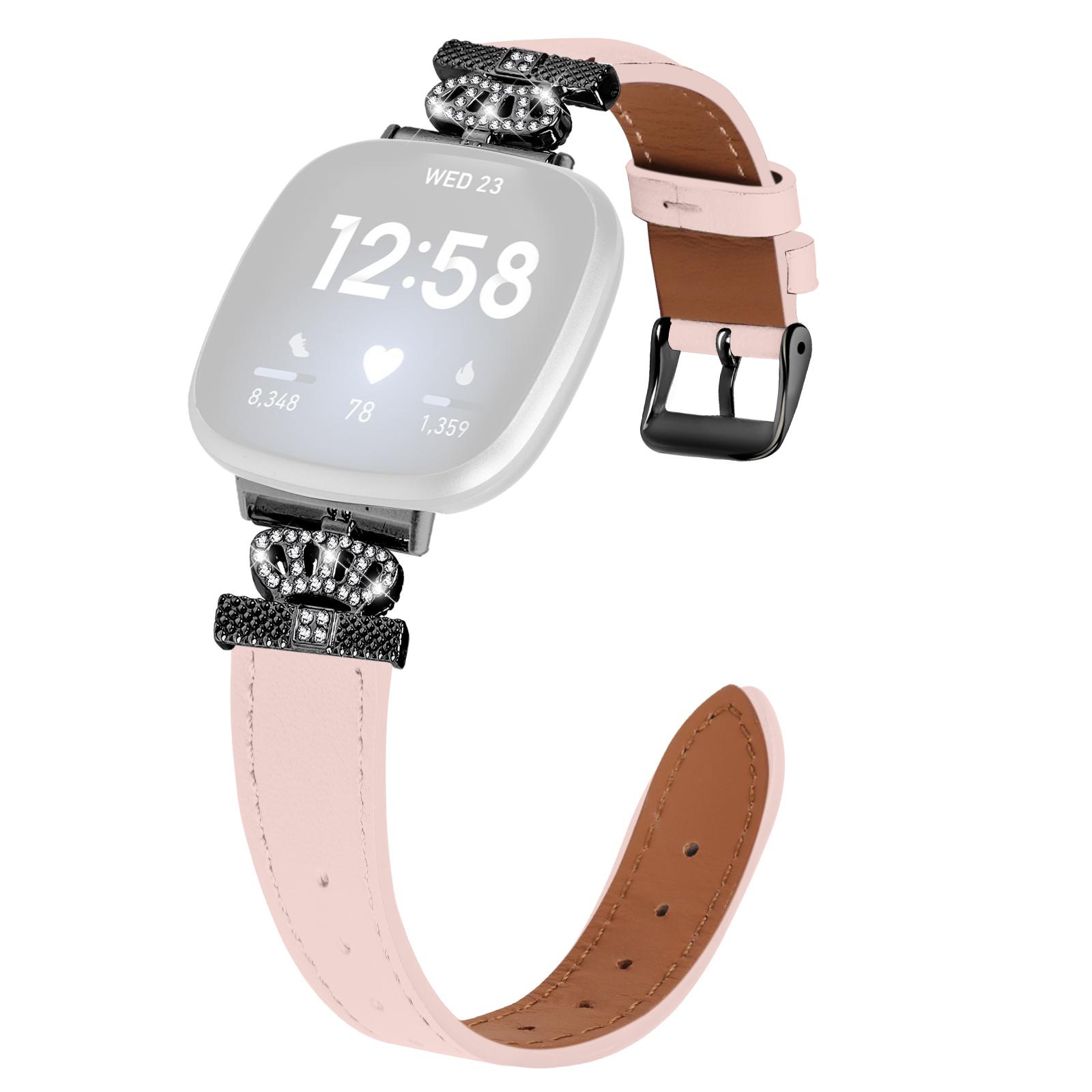 

For Fitbit Versa 4/Sense 2 Genuine Cow Leather Crown Rhinestone Decor Watch Strap (Black Buckle) Pink