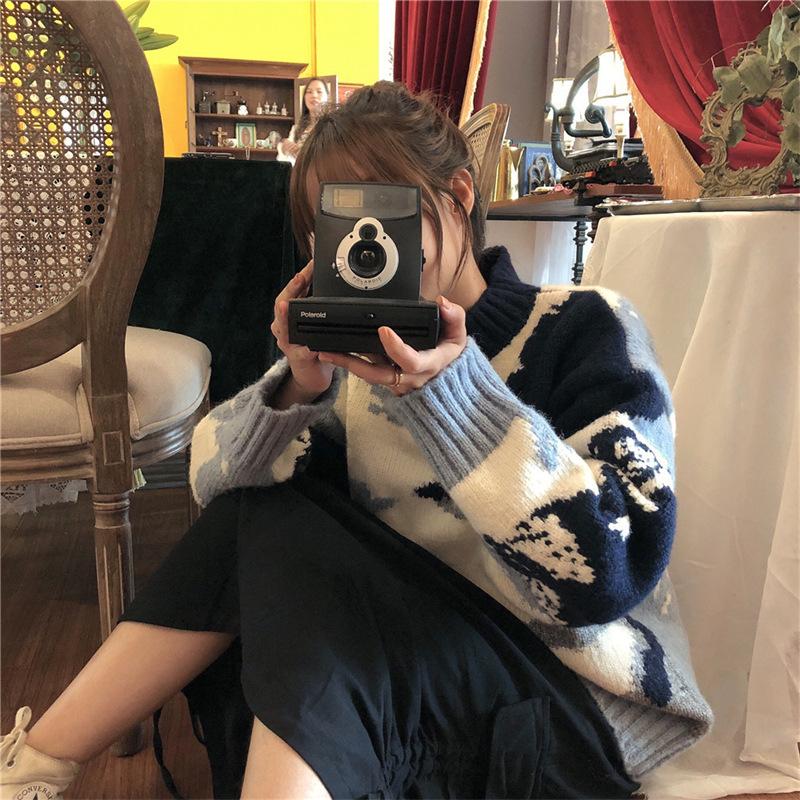 Sweet Blue Sky and White Clouds Top Bottoming Shirt Autumn and Winter Knitted Sweater Women