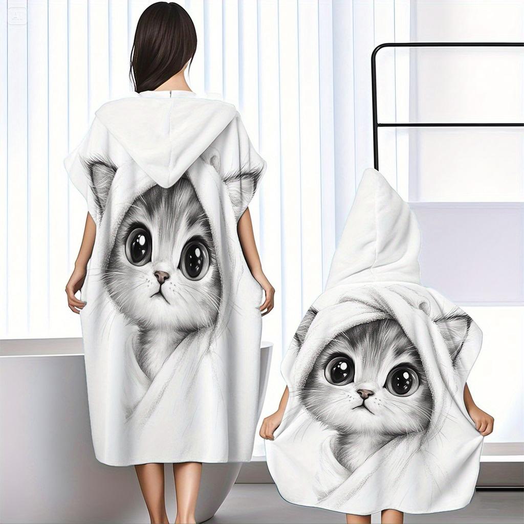 Cute Kitten Hooded Beach Towel 2D Oversized Quick Dry Sand Free Towel for Beach Pool Swimming Travel Soft Absorbent Towel Gift