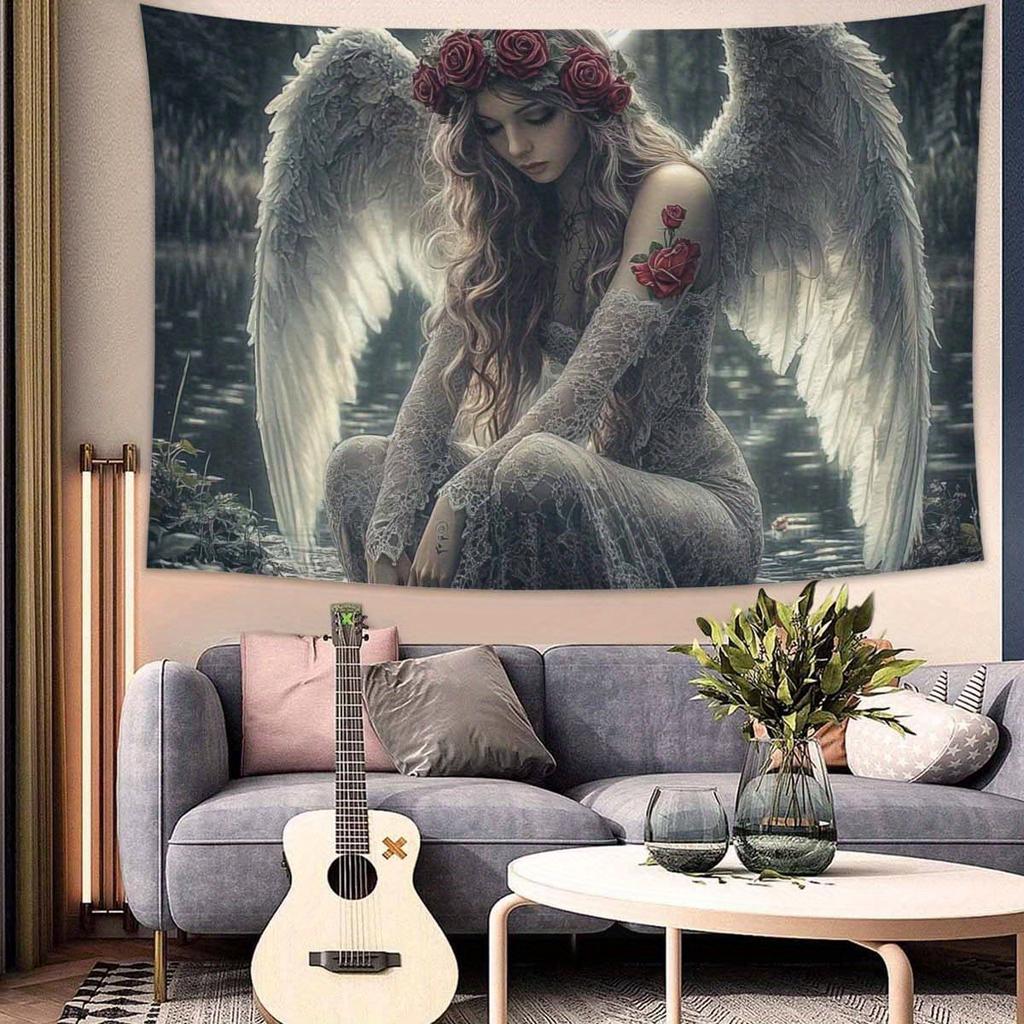 Whimsical Angel Wing Red Roses Tapestry Wall Hanging Peach Light Beige Fabric Home Decor for Living Room Bedroom