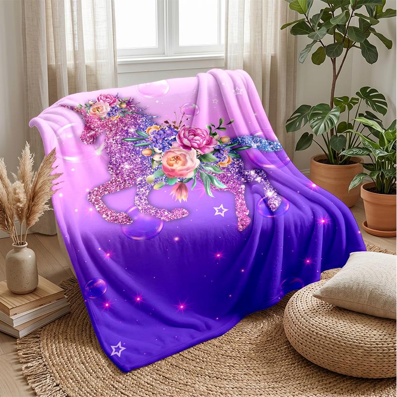 Fantasy Unicorn with Flowers Theme Blanket Lightweight Warm Flannel Blanket Decorative Throw Blanket for Home Decoration