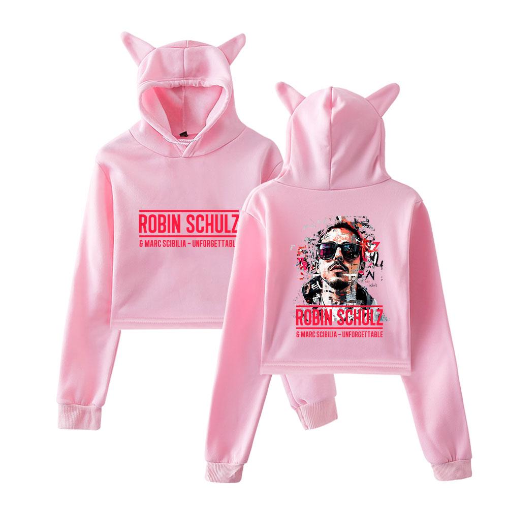 Fashion Robin Schulz Printed Kawaii Crop Top Hoodie Funny Cat Ear Cropped Short Sweatshirt Hooded Pullover Women Tops Streetwear