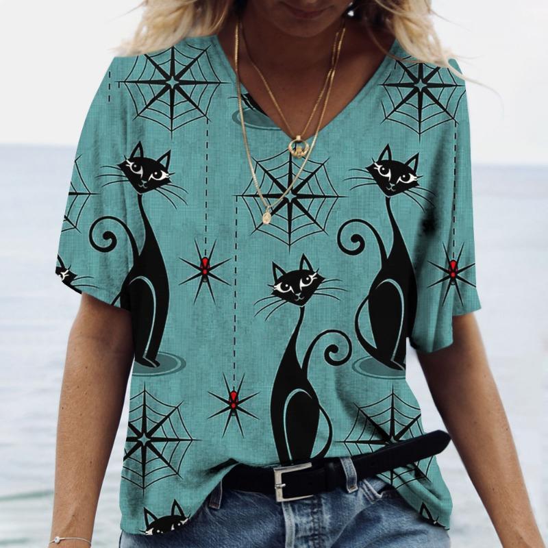 T-shirt pour femme imprimé numérique 3D avec col en V peint, manches courtes, haut tendance mode pour femme