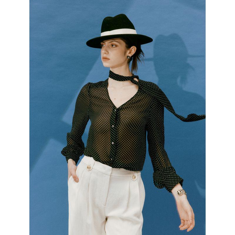 

Blacknini Yin Waffle/French Romantic 12 MMI Qiaoqi 1oo Silk Ribbon Black and White Polka Dot Shirt Black Shirt(Part of In Stock) XS