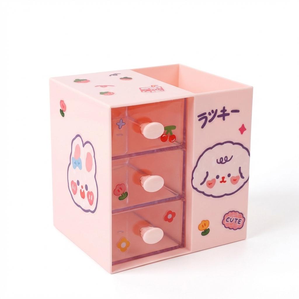 Mignon Organisateur de Pot à Crayons Dessin Animé pour Filles Étudiantes Bureau Boîte de Rangement Multifonctionnelle avec Compartiments pour Papeterie