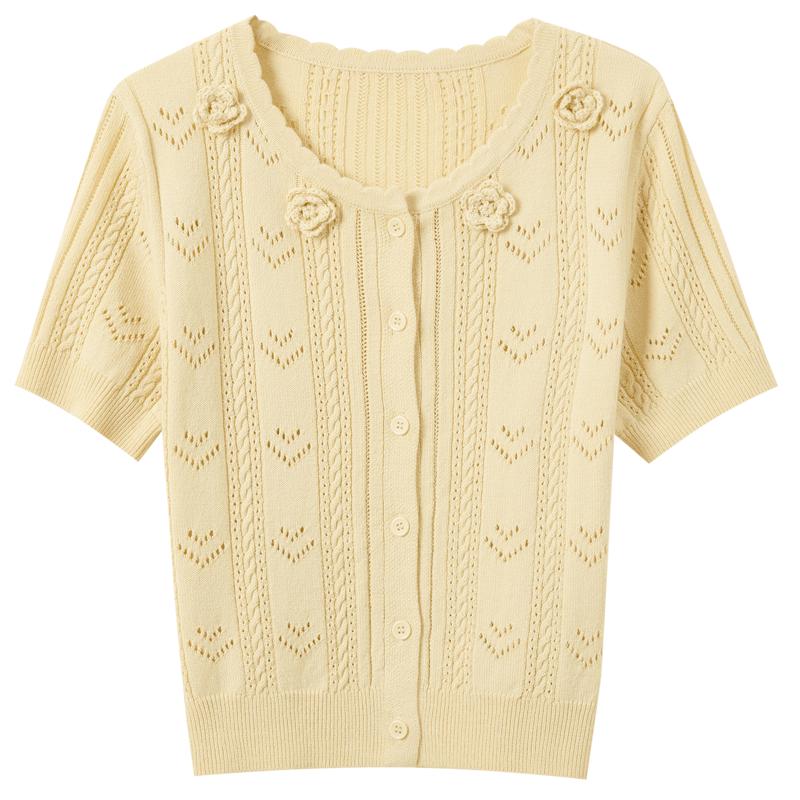 Sancai Women's Round Neck Short Sleeve Knit Cardigan