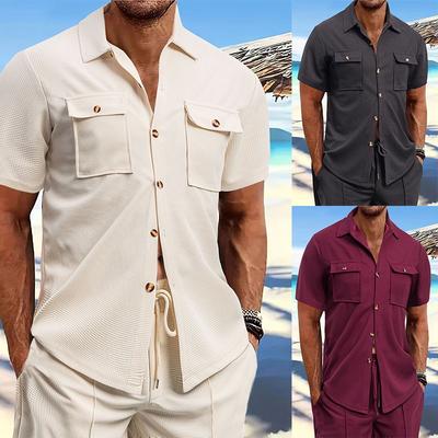 Waffle  Men Short-Sleeved Shirts Summer Solid Color Comfort Lapel Collar Casual Beach Style Plus Size 3XL Male Shirts