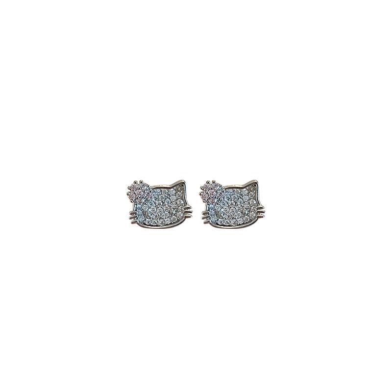 Elegant Micro-Pave Full Diamond Kitten Silver Stud Earrings: High-End, Sweet, and Stylish Design
