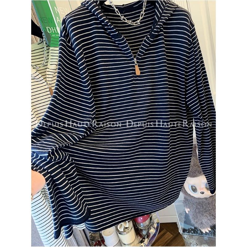 Large Size Early Autumn Versatile Half-zip Hooded Loose Long-sleeved T-shirt Women's Fashion Striped Bottoming Shirt Trendy