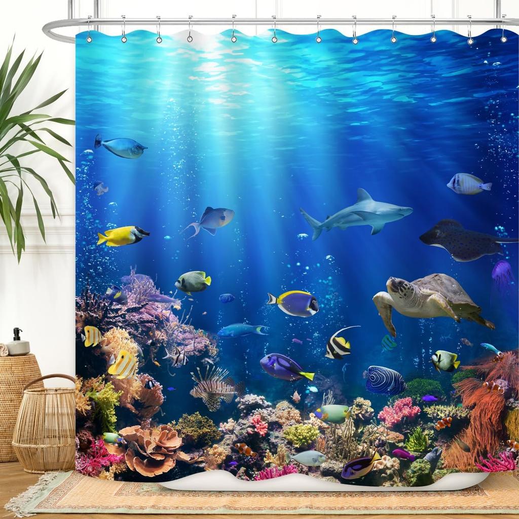 Ocean Underwater Shower Curtain - Colorful Tropical Fish & Coral Reef 72x72 Inch, Waterproof Sea Life Décor with 12 Hooks
