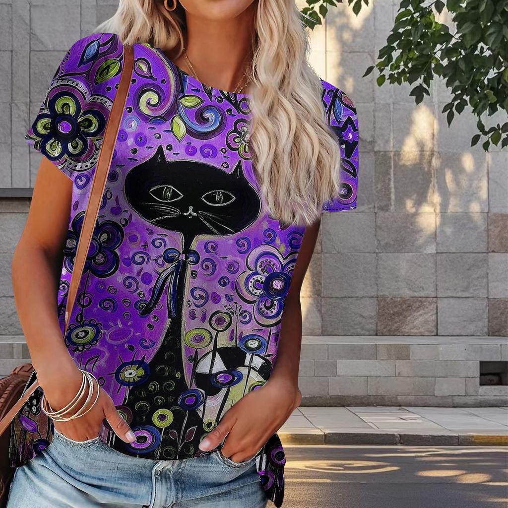 Women Summer T Shirt Kitty Print Retro Fashion Short Sleeve Tees Casual   Printed  Tops