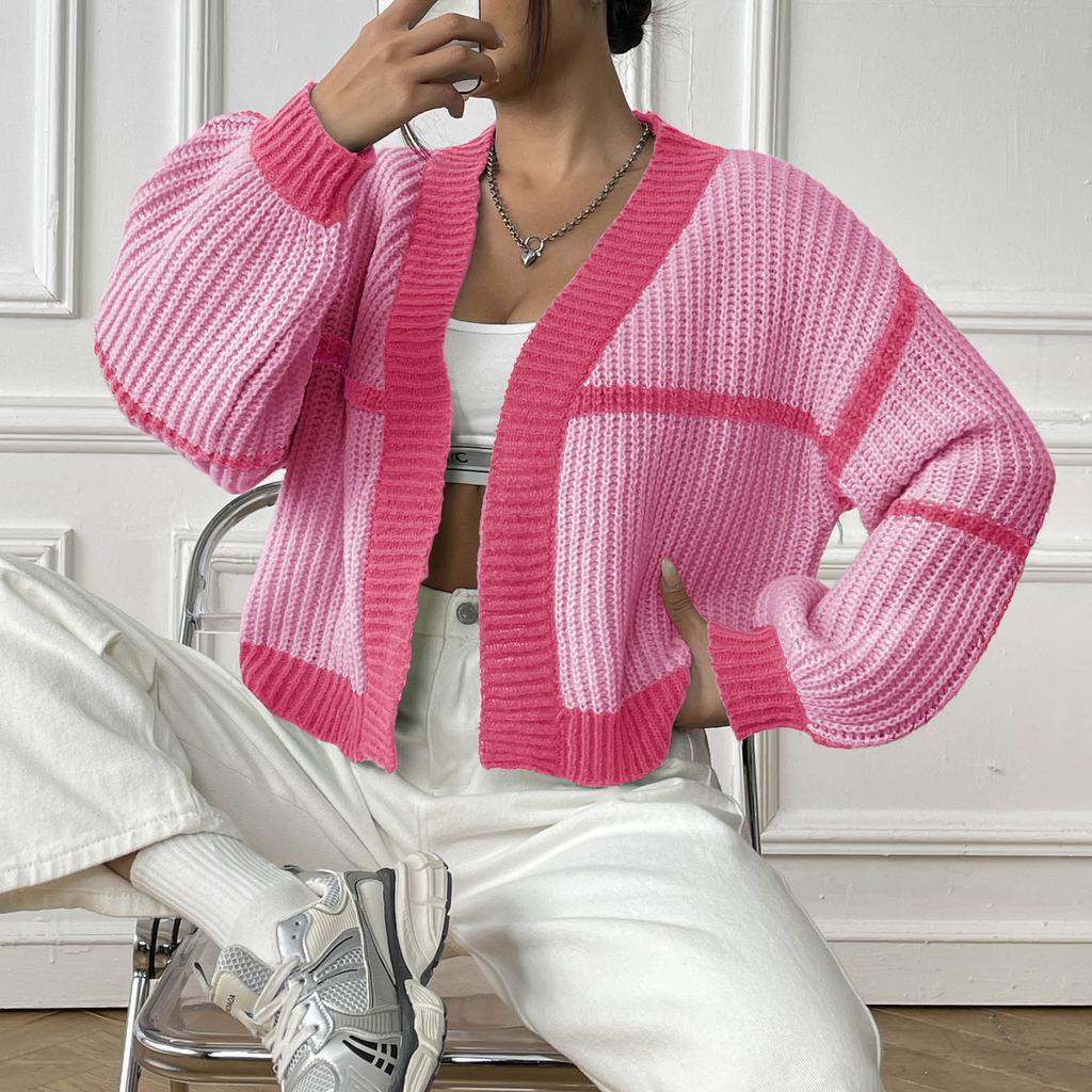 Women's Cardigan Autumn And Winter Jacket Collision Splicing Short Section Casual Loose Woven Jumper