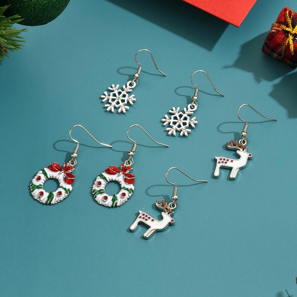 Christmas Tree, Snowflake, Bell, Reindeer, Wreath Pendant Earrings with Drip Oil Alloy